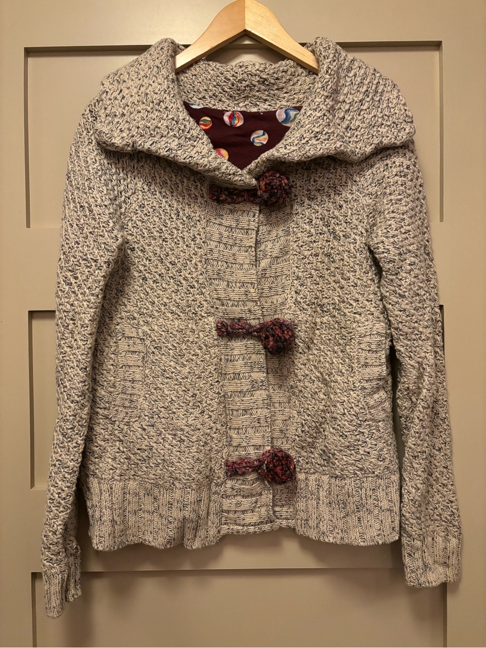 ANTHROPOLOGIE Knit Cardigan Jacket Collar Heathered Wool Blend Lined Pom Pom
